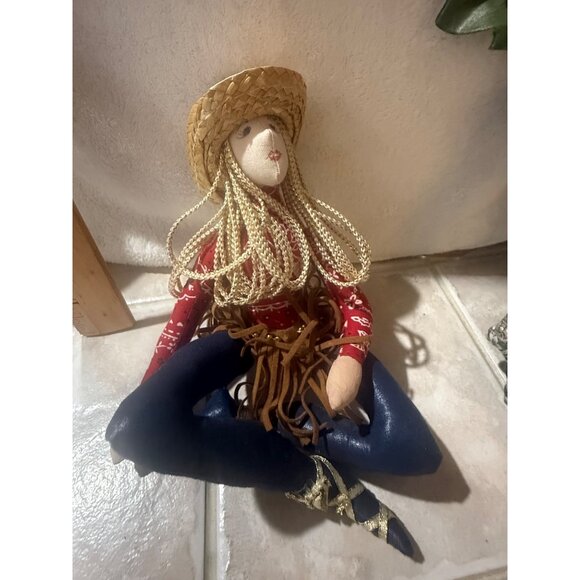 Handmade Elies Whimsi-Gals Cowgirl Rag Doll With Straw Hat & Braided Yarn Hair - Picture 5 of 7